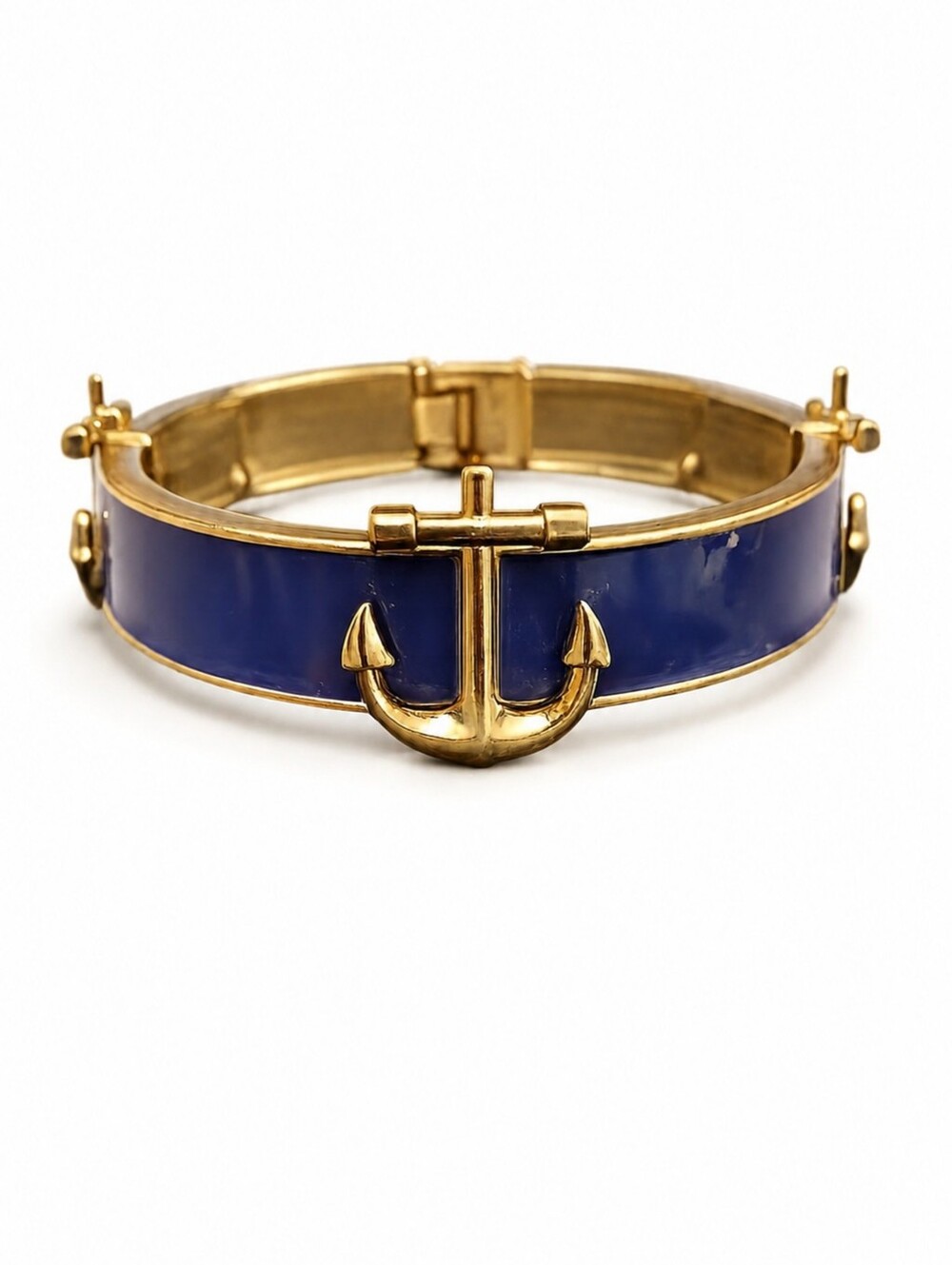 Gold Tone Blue Enamel Anchor Stretch Hinge Nautical Bracelet